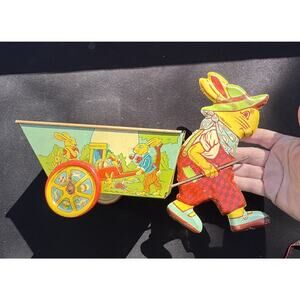 J Chein & Co. Vintage 1950's Easter Bunny Rabbit Pulling Cart Tin Litho Toy